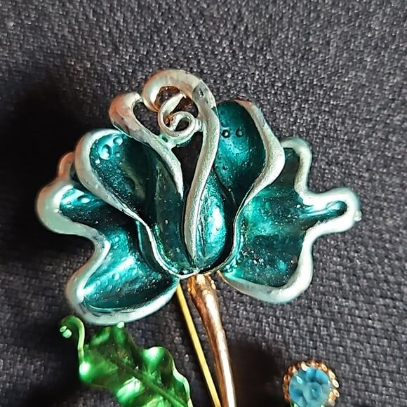 Funky Vintage Rose  & Rhinestone Pin Brooch - Picture 3 of 7